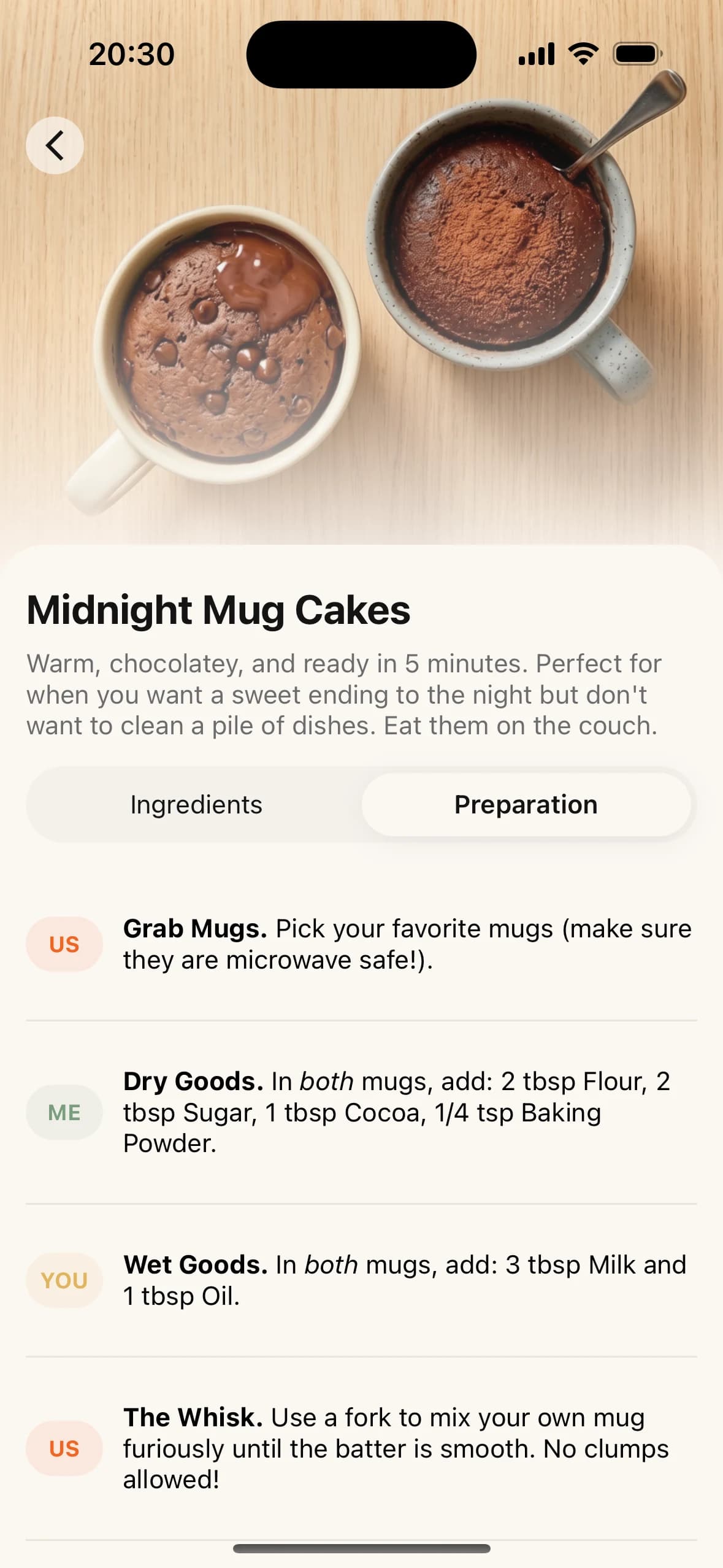 Cookbond recipe showing separate Us, Me, and You preparation steps